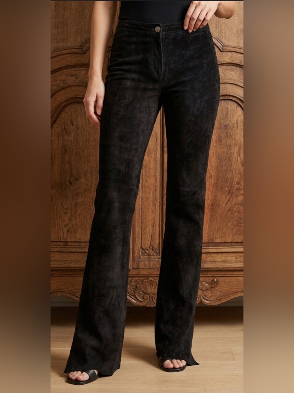 YANSI FUGEL Designer Washable Pig Suede Leather Brown Bootcut Flare Pants